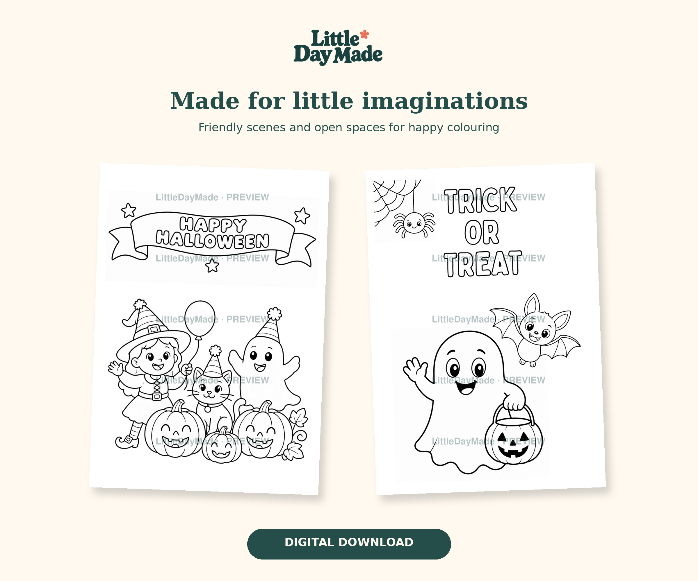 Watermarked close-ups of the actual Halloween colouring artwork