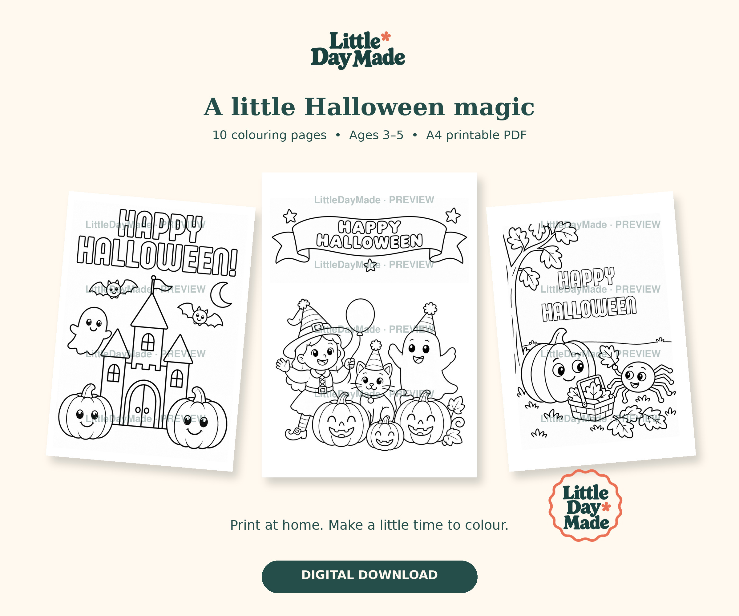 Watermarked preview of three colouring sheets from our ten-page Halloween pack