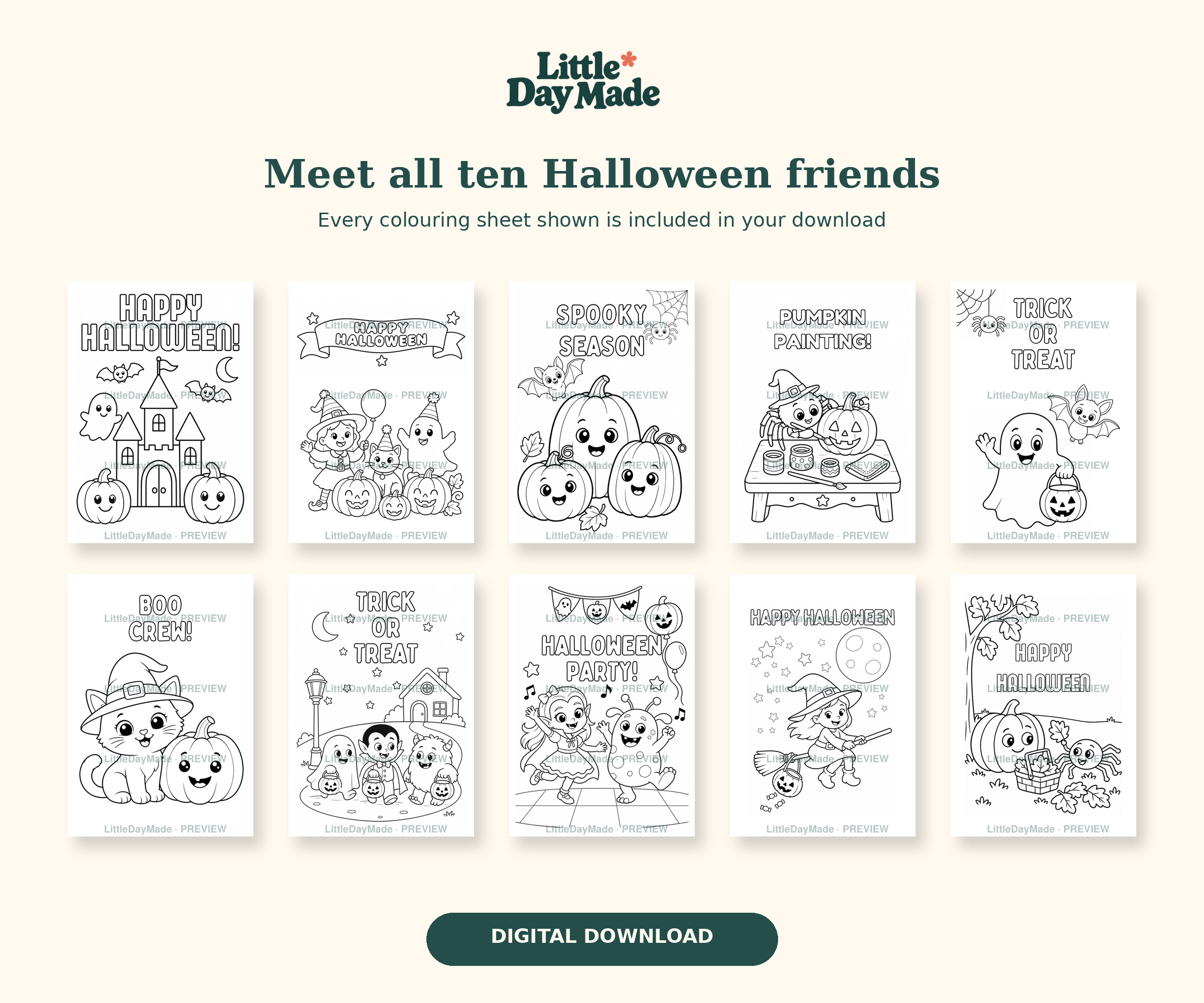 All ten included Halloween colouring sheets, each marked Little Day Made PREVIEW